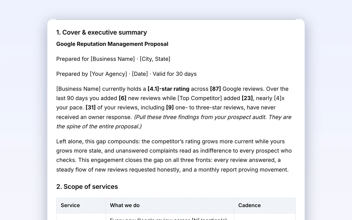 First page of the reputation management proposal template: cover, executive summary with audit numbers and the scope of services table