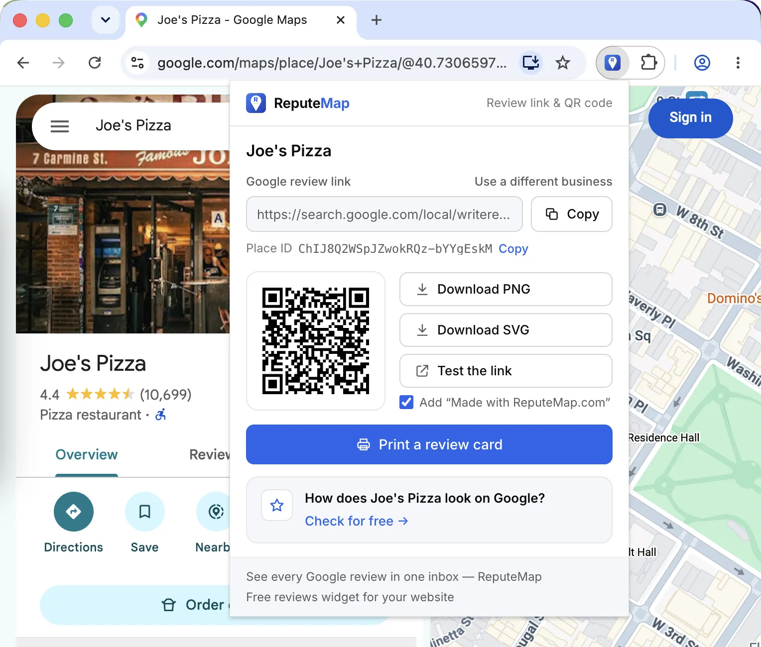 Chrome with Joe's Pizza open on Google Maps and the ReputeMap popup open from the toolbar: the Google review link with a Copy button, the Place ID, a QR code with Download PNG, Download SVG and Test the link, and a Print a review card button