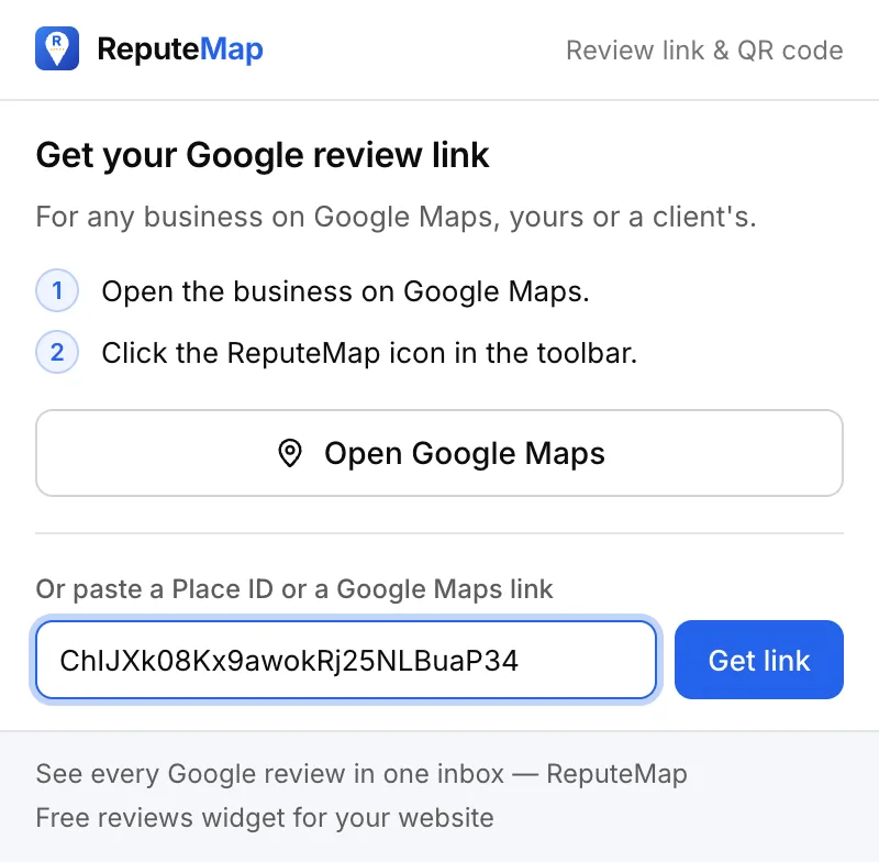 The popup's start screen: two steps (open the business on Google Maps, click the ReputeMap icon), an Open Google Maps button, and a field with a Place ID pasted next to a Get link button