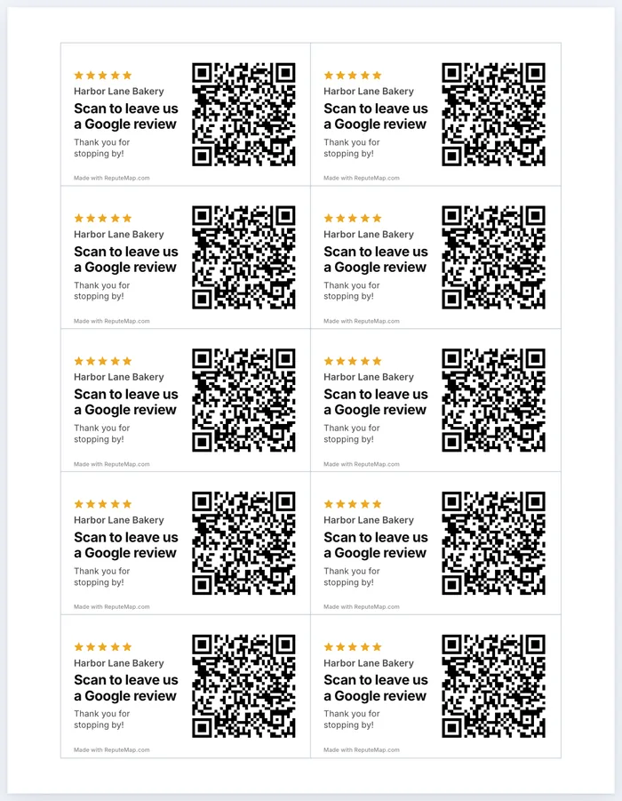 Ten business-card-size review cards on a Letter sheet, each with the business name, 'Scan to leave us a Google review' and a QR code