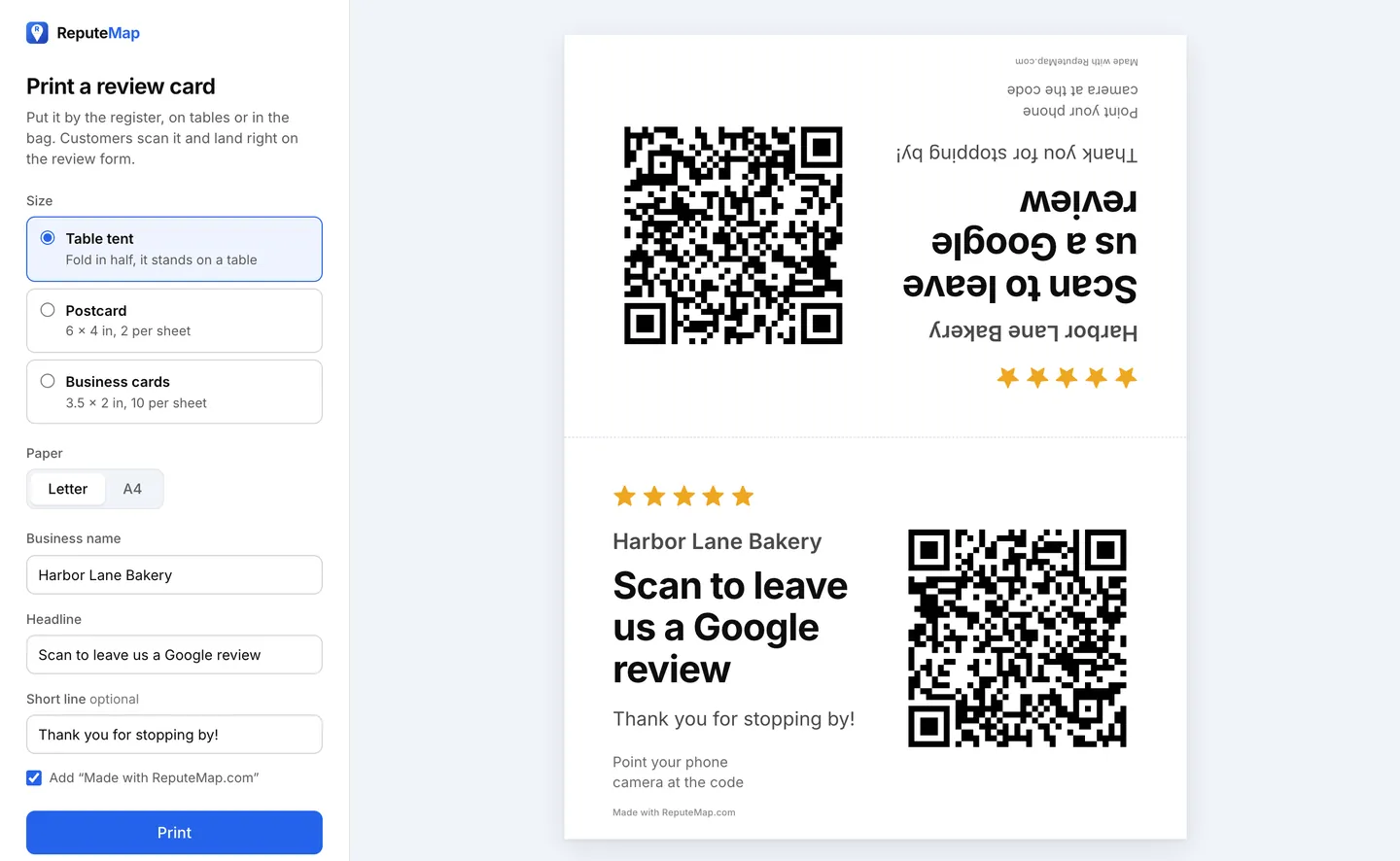 The card editor: size (table tent, postcard, business cards), paper (Letter or A4), business name, headline and short line on the left; a table tent for Harbor Lane Bakery with five stars, 'Scan to leave us a Google review' and a QR code on a Letter page on the right
