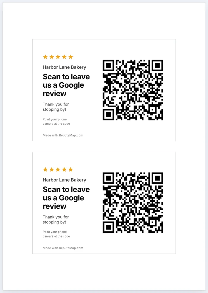 Two review postcards on an A4 sheet, each with five stars, the business name, 'Scan to leave us a Google review' and a QR code