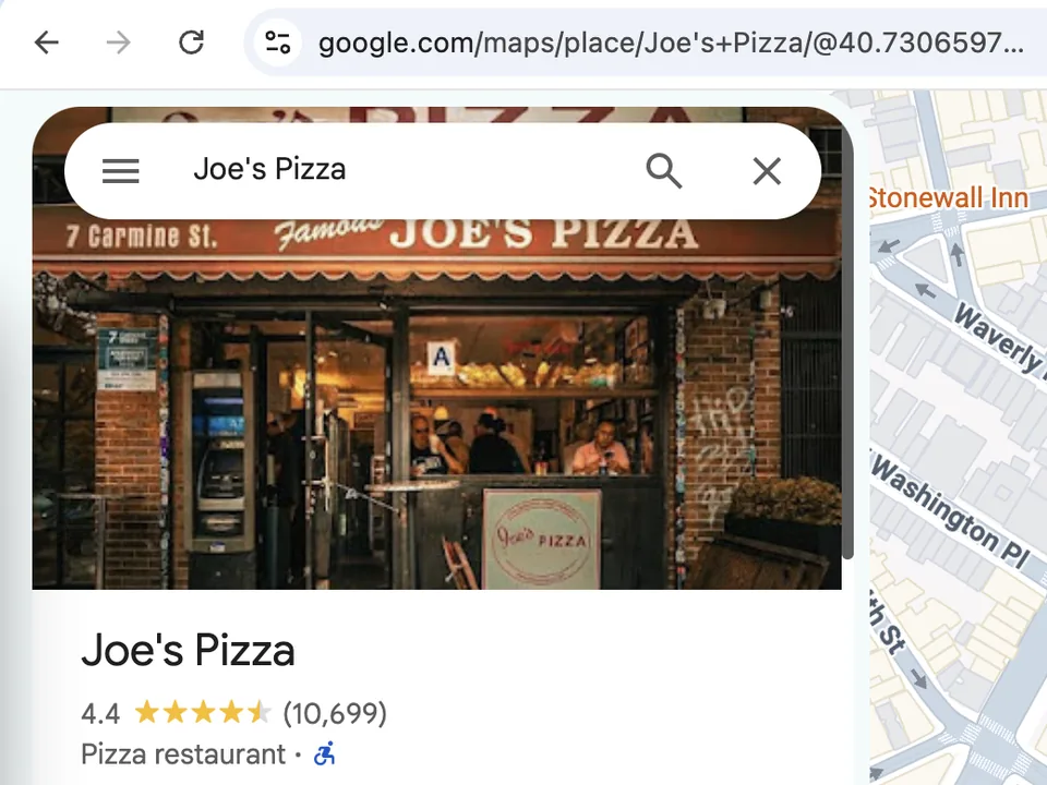 Google Maps in Chrome with the Joe's Pizza listing open: the photo, the name, 4.4 stars and the Overview tab; the ReputeMap icon is pinned in the toolbar