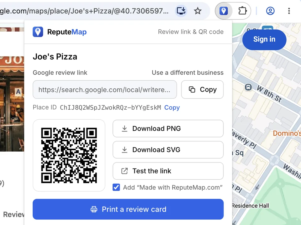 The ReputeMap icon highlighted in Chrome's toolbar and its popup open below it, showing Joe's Pizza's Google review link with a Copy button, the Place ID and a QR code