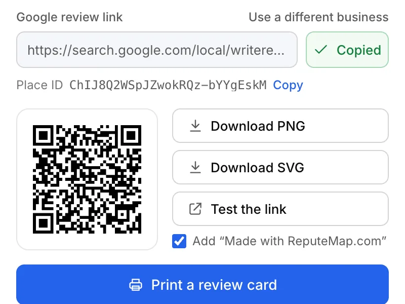 The popup after Copy: the Copy button reads Copied, next to the Place ID, the QR code, Download PNG, Download SVG, Test the link and Print a review card
