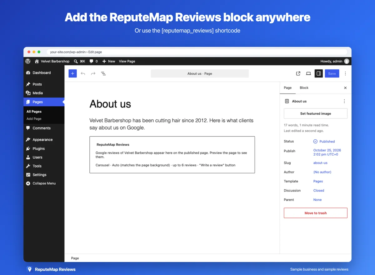 The ReputeMap Reviews block on an About us page in the WordPress block editor: a placeholder saying the Google reviews appear on the published page, and the block's options: Carousel, Auto theme, up to 6 reviews, Write a review button