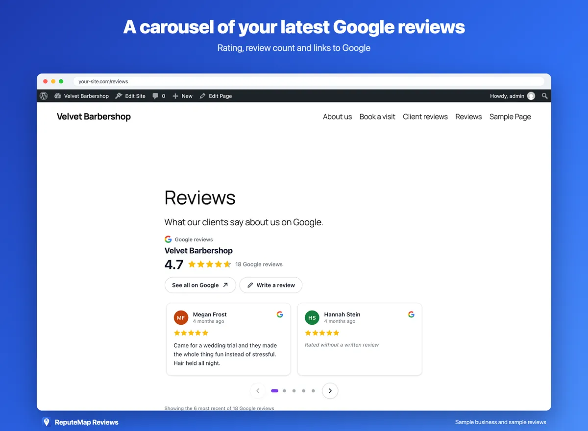 The plugin's carousel layout on a sample barbershop's WordPress site: Google reviews, the business name, a 4.7 rating from 18 Google reviews, See all on Google and Write a review buttons, and two review cards with arrows