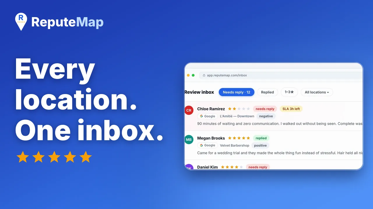ReputeMap demo video: every location's Google reviews in one review inbox