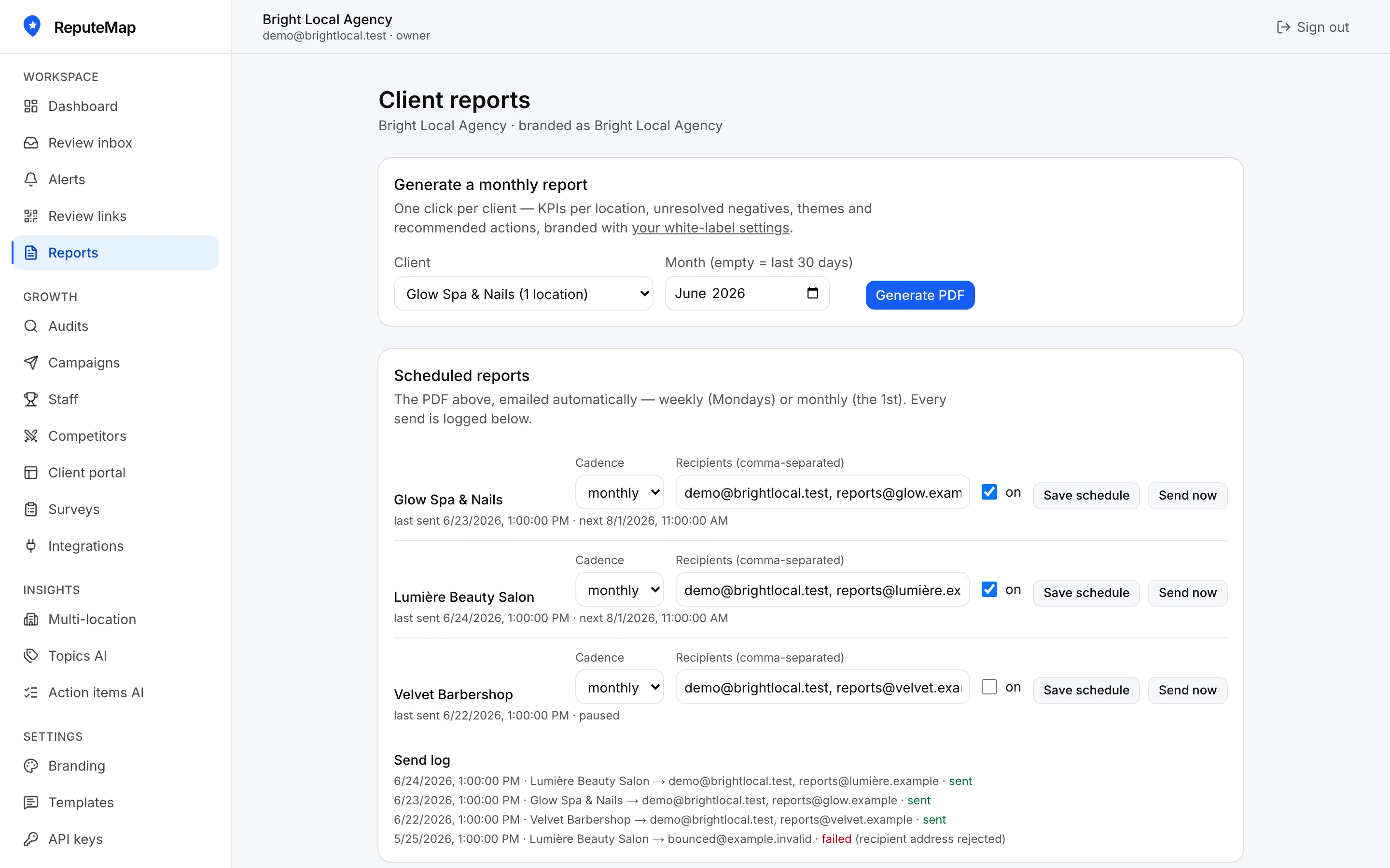 ReputeMap monthly PDF report — new reviews, rating movement and response coverage