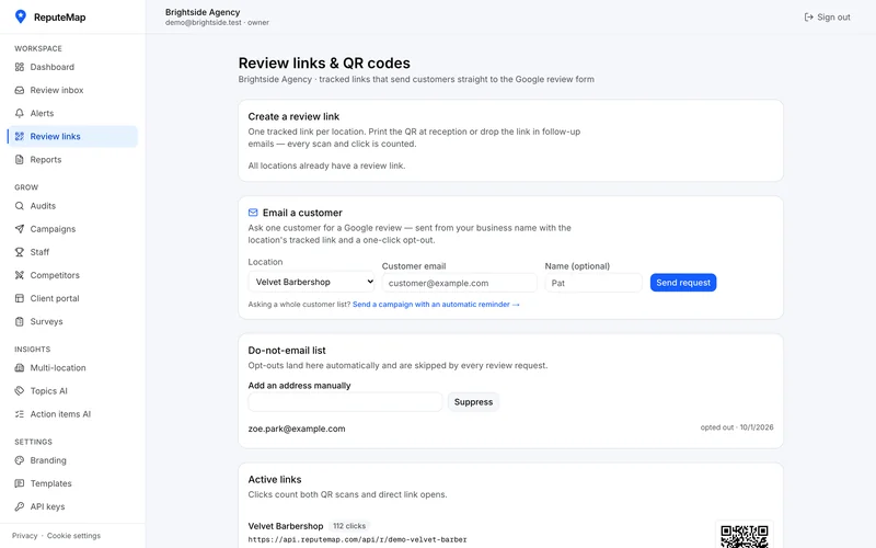 ReputeMap review links and QR codes with demo data: a link per location, a form to email one customer, and the active links with their clicks