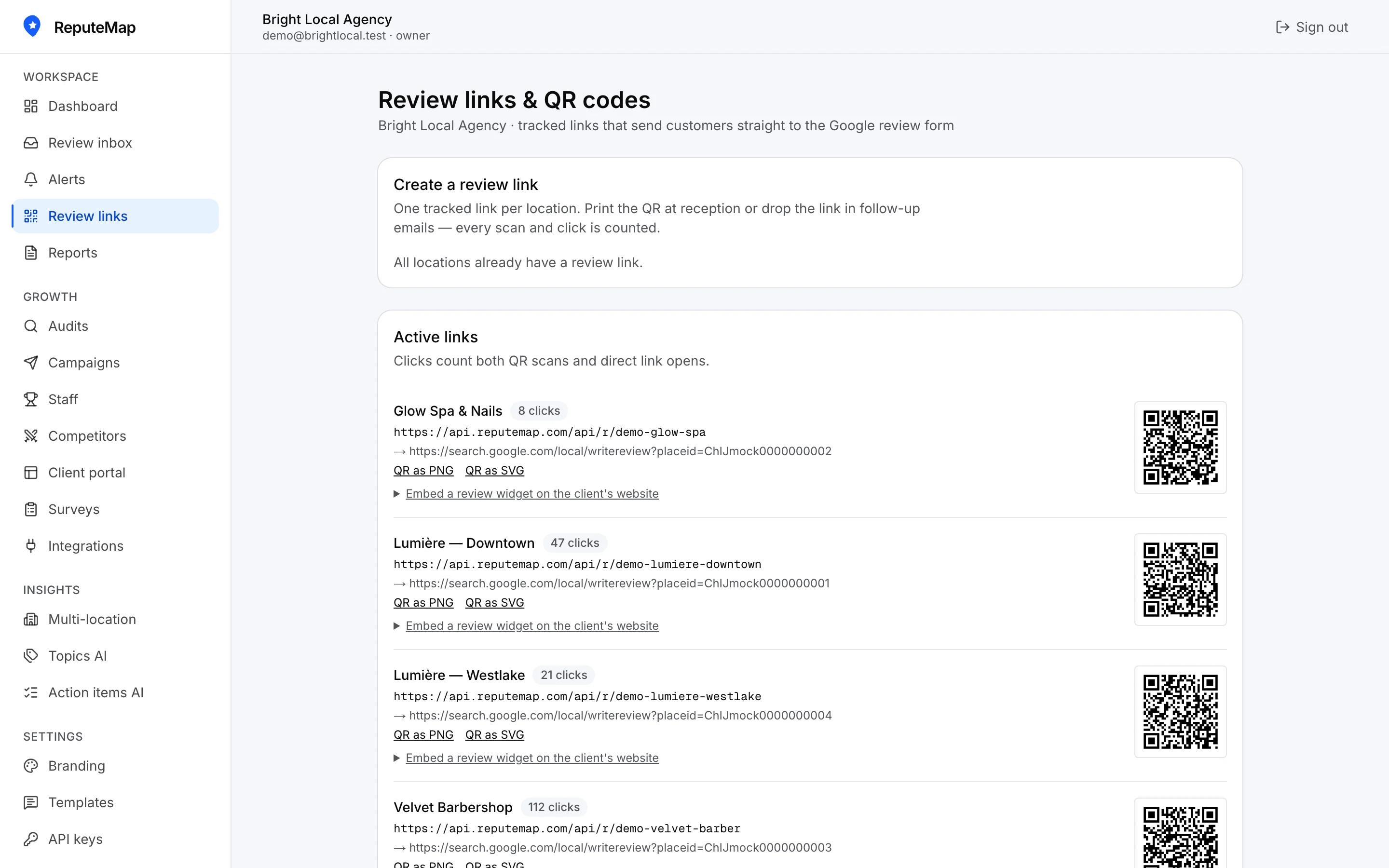 ReputeMap review links and QR codes with click tracking