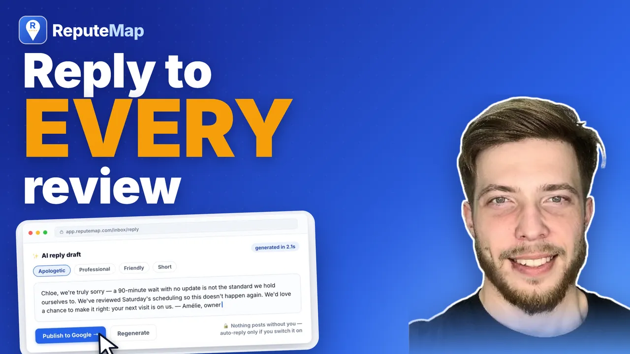 Video thumbnail: Reply to every review, next to an AI reply draft ready to publish to Google